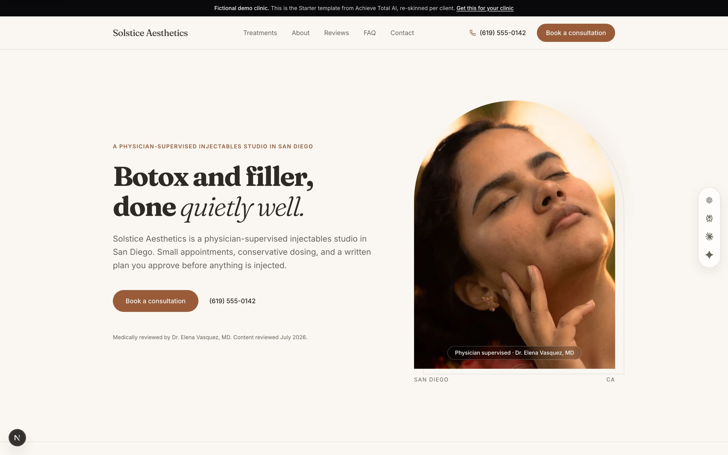 Solstice Aesthetics demo homepage, a light editorial template for an injectables studio